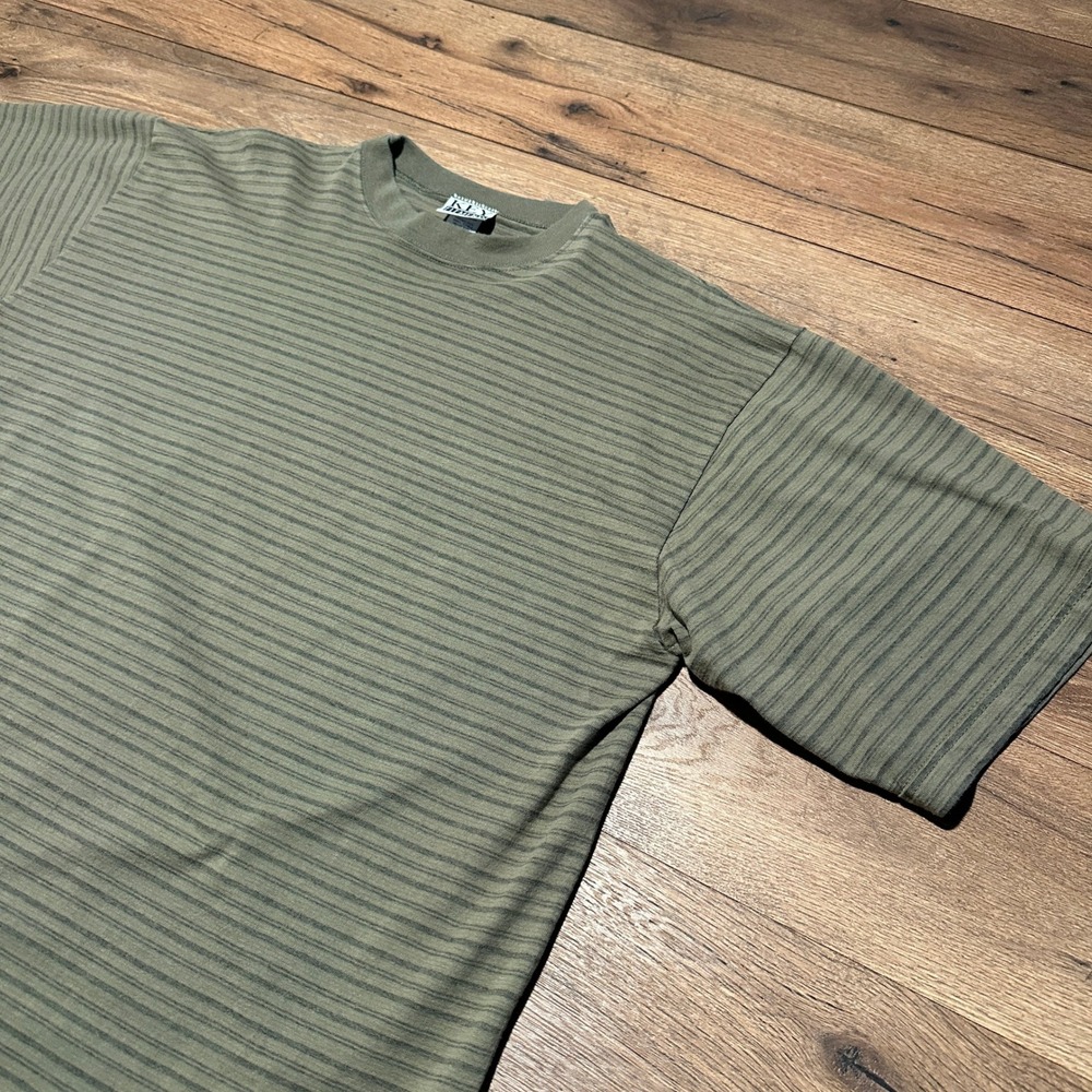 Vintage Key Elements Olive Green Striped T-Shirt Mens XL